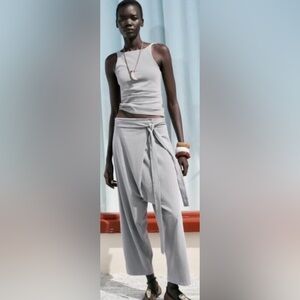 Zara Women’s Gray 2-Piece Set with Asymmetrical Tie-Front Pants and Tank SZ XL